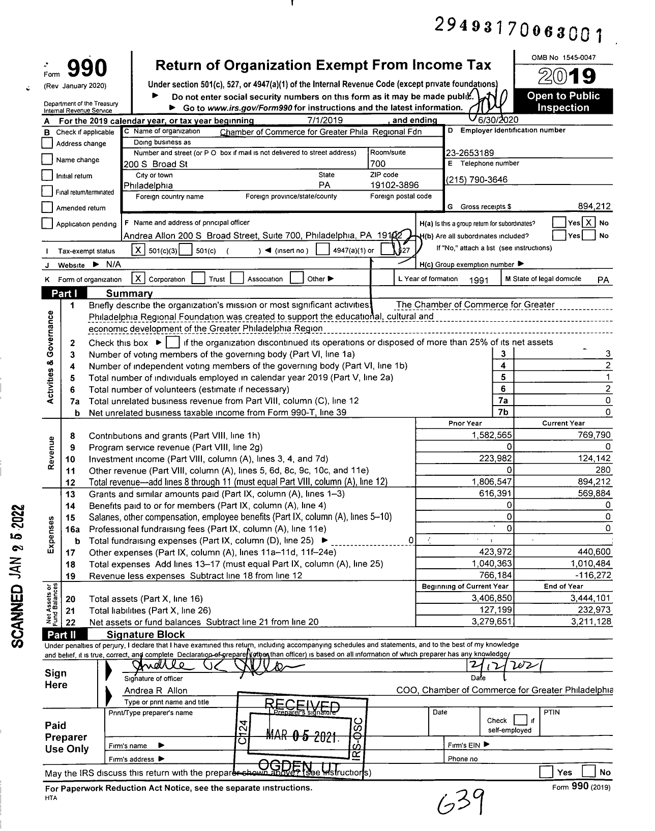 Image of first page of 2019 Form 990 for The Chamber of Commerce for Greater Philadelphia