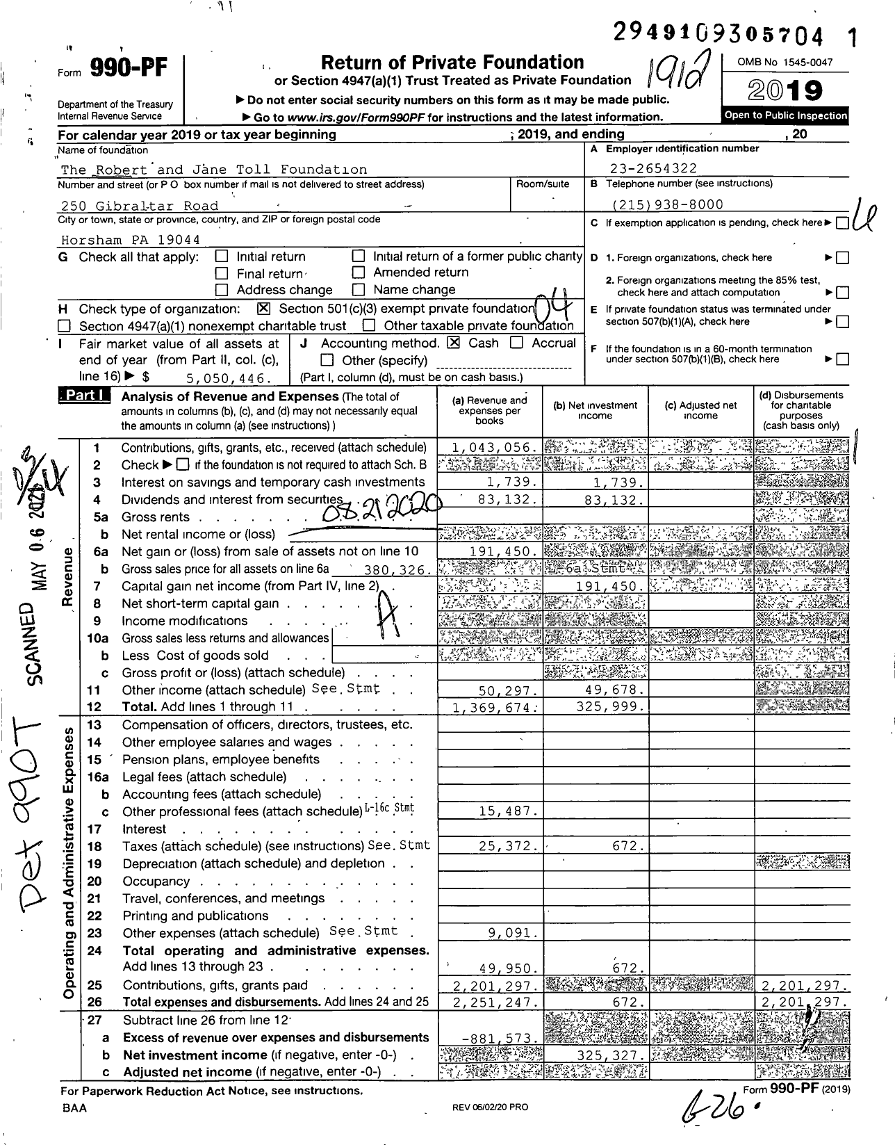 Image of first page of 2019 Form 990PF for The Robert and Jane Toll Foundation