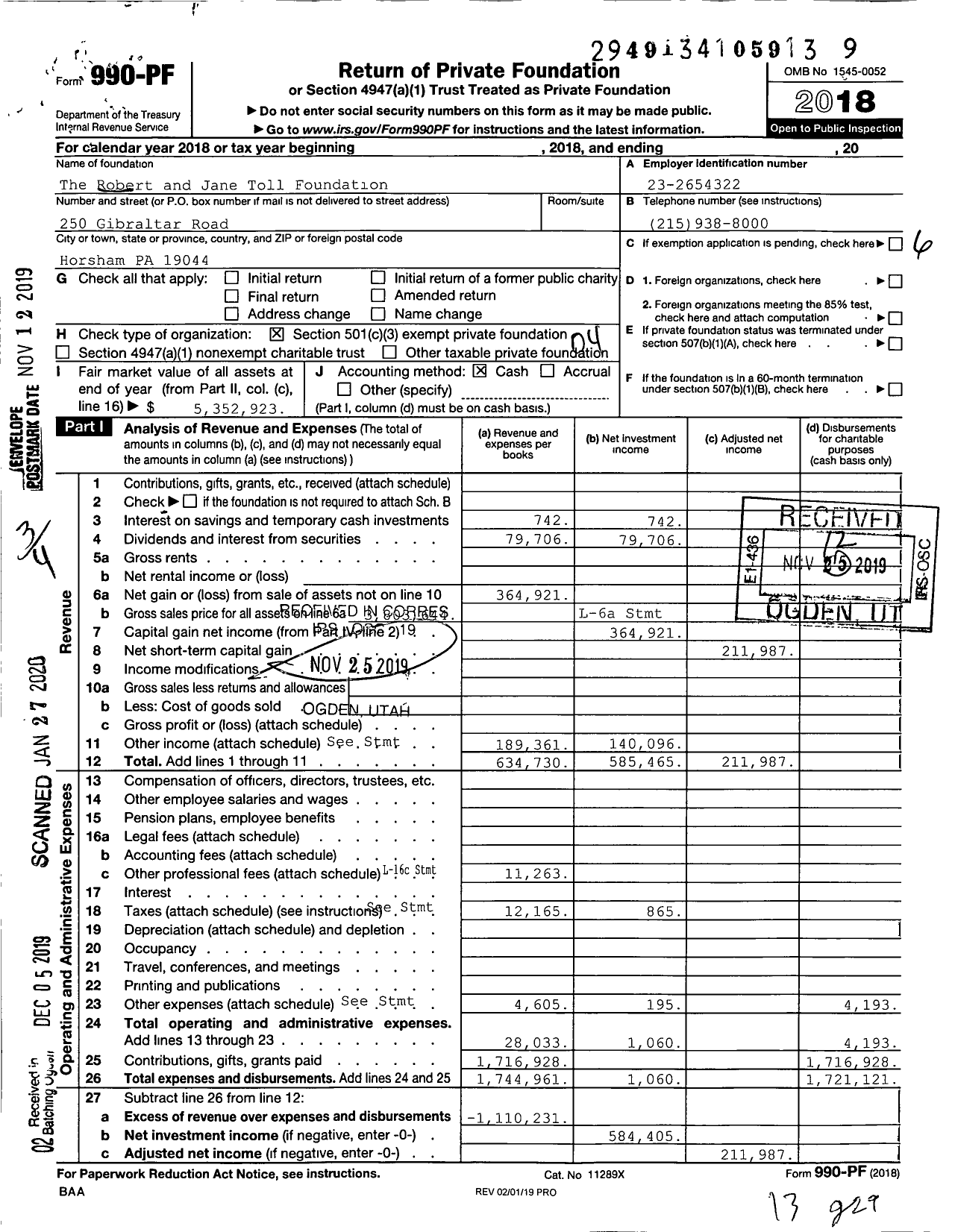 Image of first page of 2018 Form 990PF for The Robert and Jane Toll Foundation