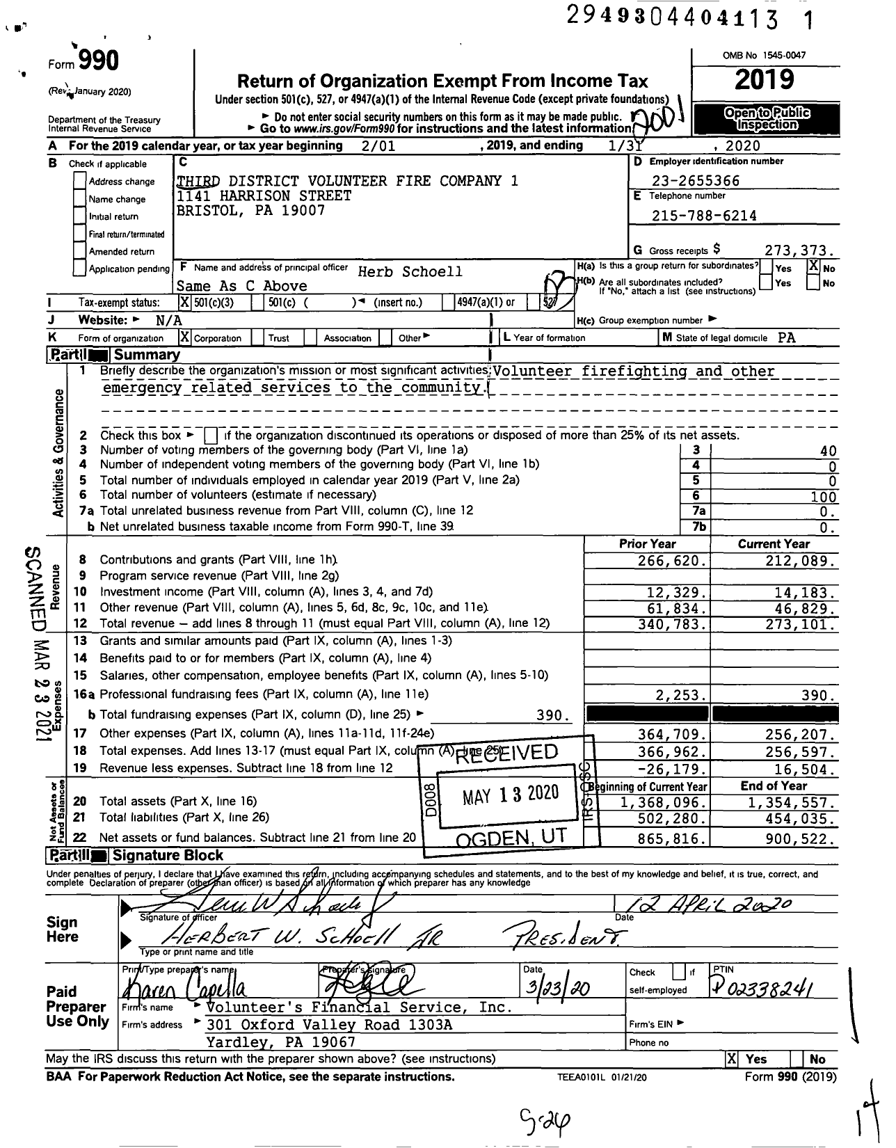 Image of first page of 2019 Form 990 for Third District Volunteer Fire Company No 1