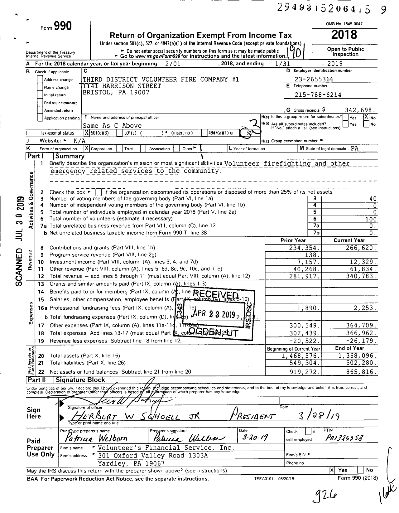 Image of first page of 2018 Form 990 for Third District Volunteer Fire Company No 1