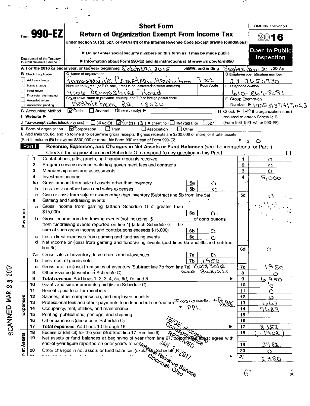 Image of first page of 2015 Form 990EO for Farmersville Cemetery Association