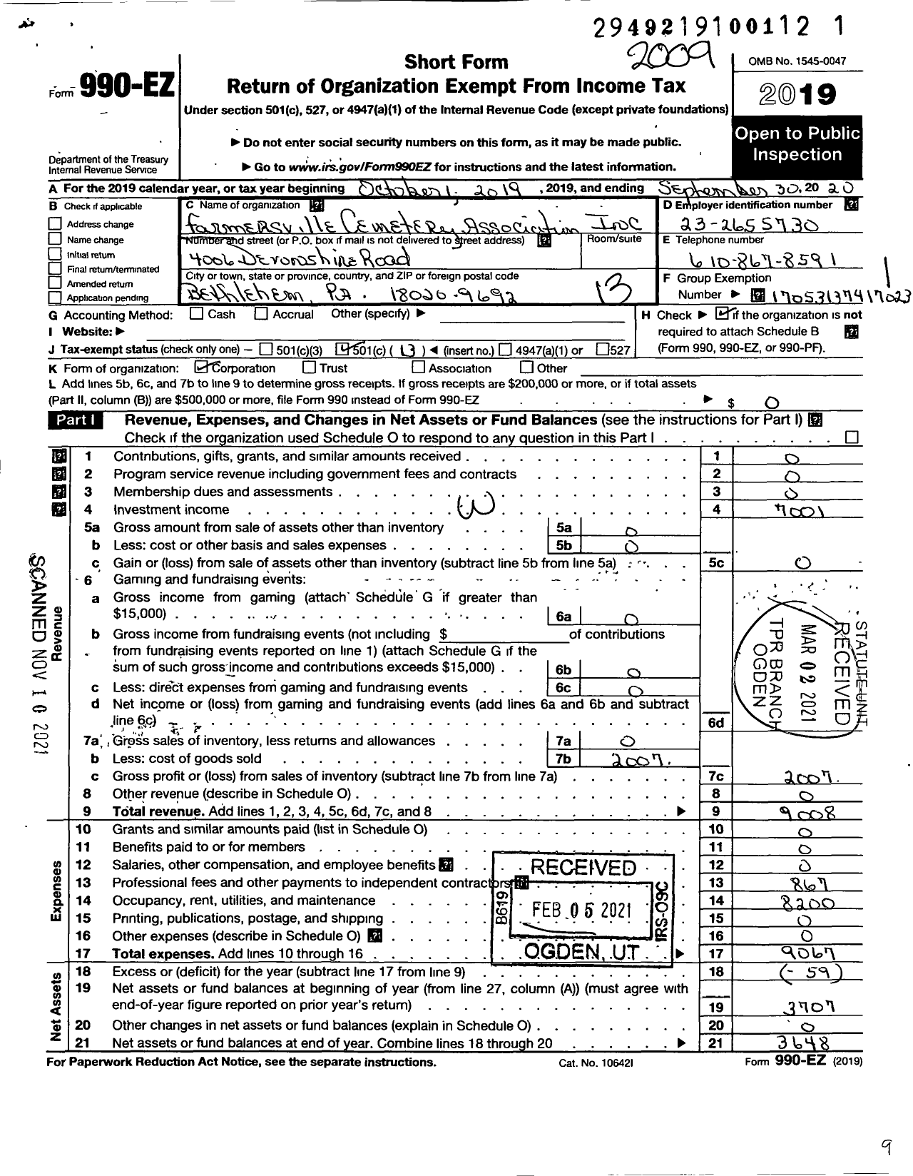 Image of first page of 2019 Form 990EO for Farmersville Cemetery Association