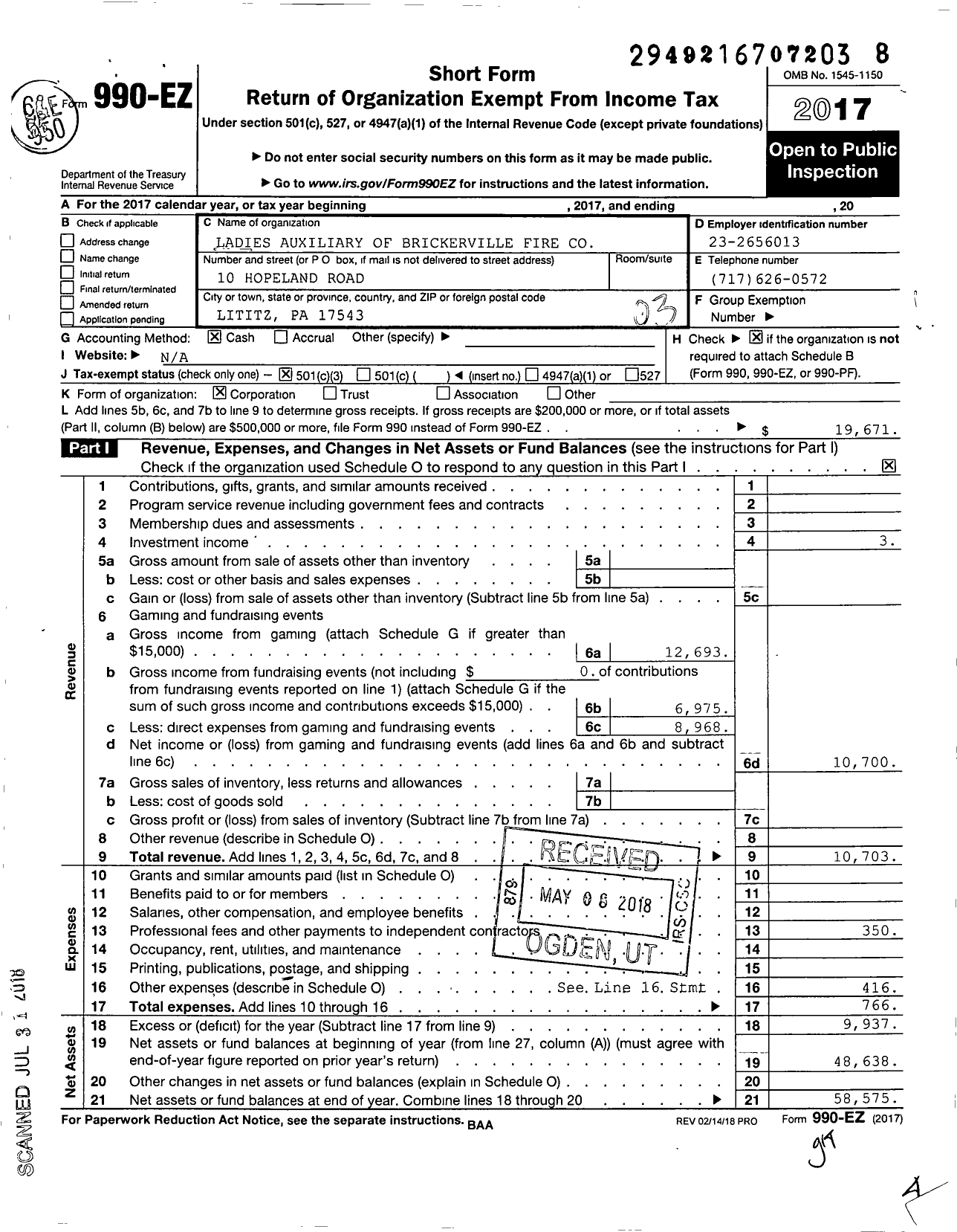 Image of first page of 2017 Form 990EZ for Ladies Auxiliary of Brickerville Fire