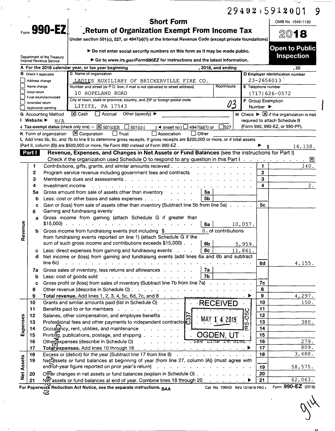 Image of first page of 2018 Form 990EZ for Ladies Auxiliary of Brickerville Fire