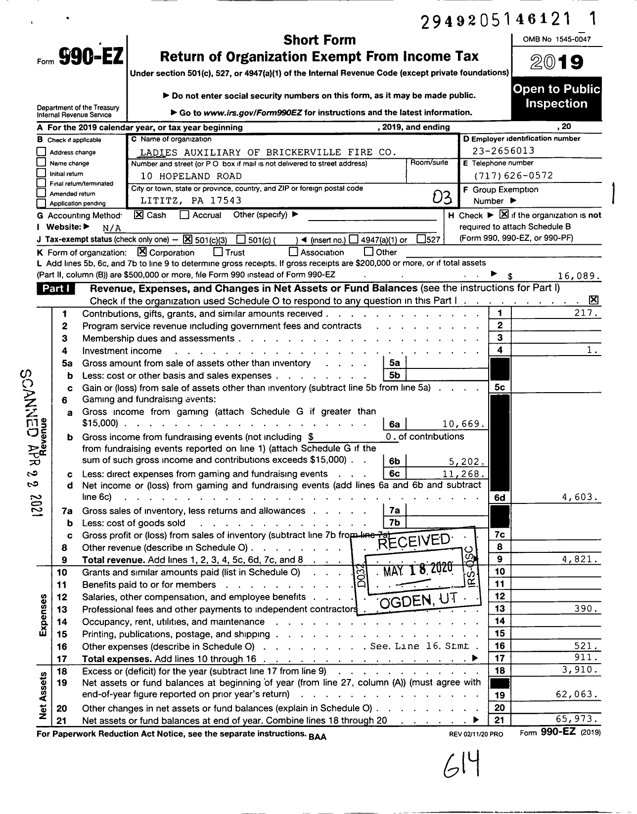 Image of first page of 2019 Form 990EZ for Ladies Auxiliary of Brickerville Fire