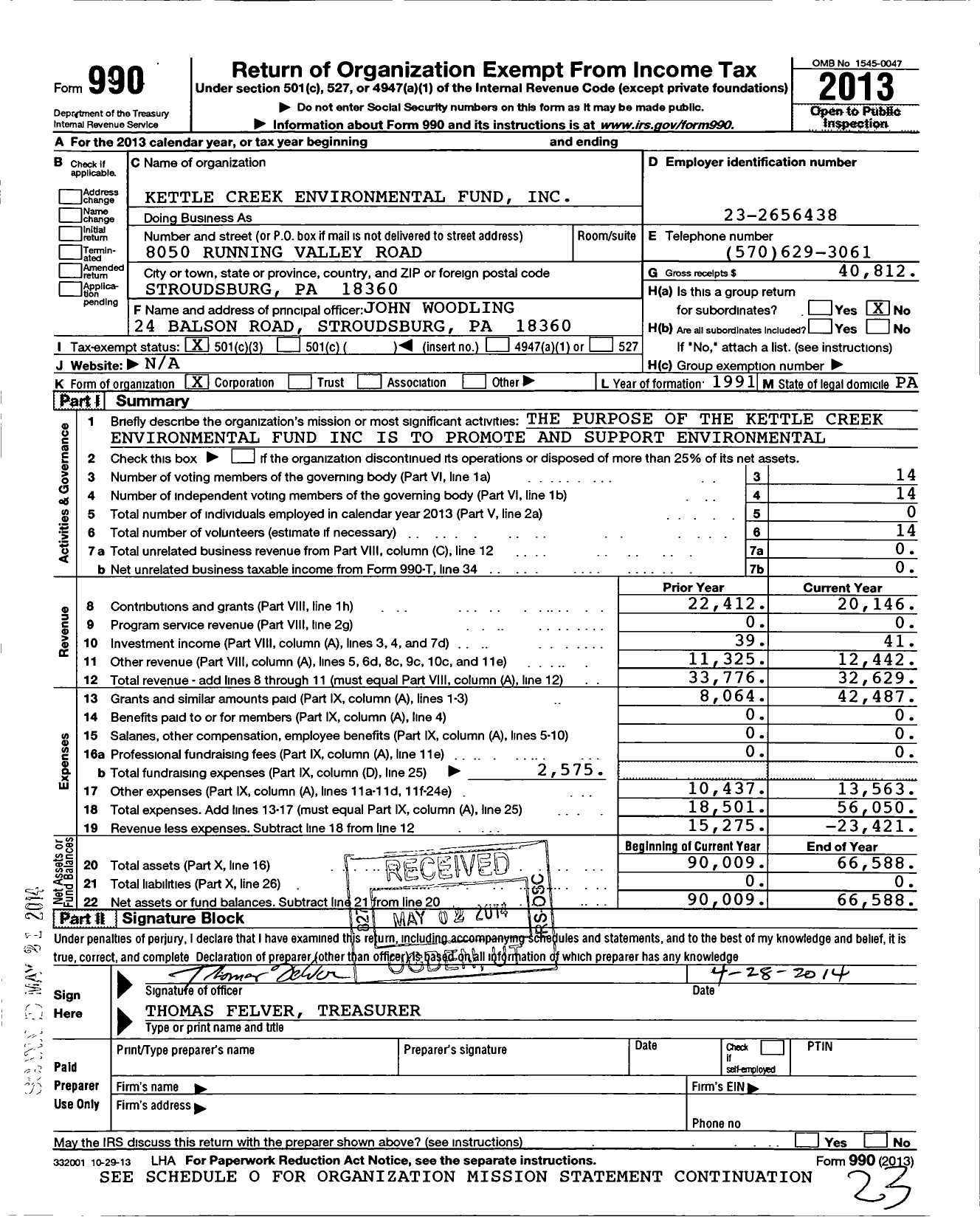 Image of first page of 2013 Form 990 for Kettle Creek Environmental Fund