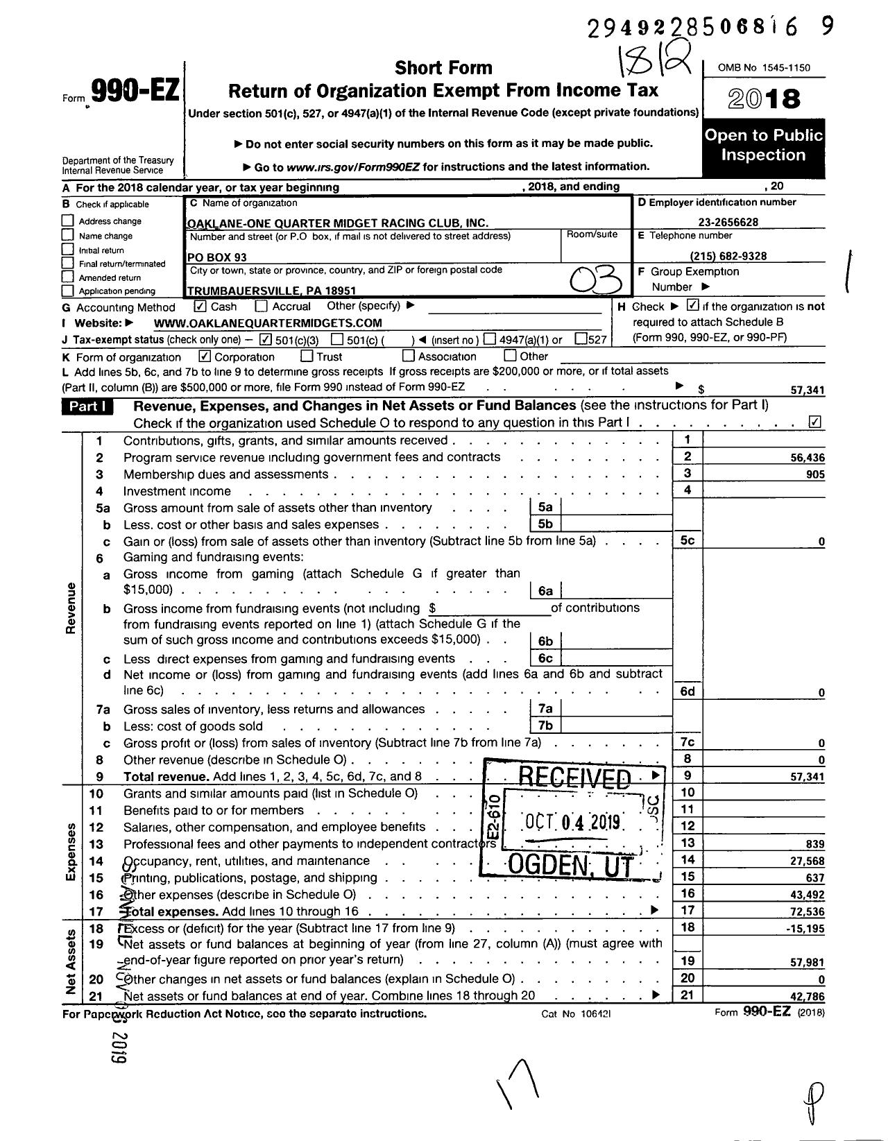 Image of first page of 2018 Form 990EZ for Oaklane-One Quarter Midget Racing Club