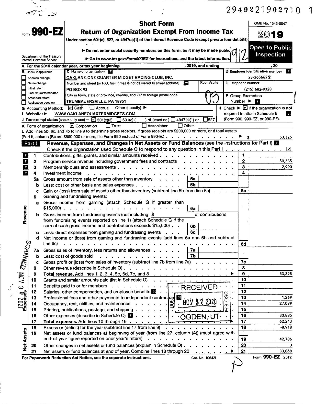 Image of first page of 2019 Form 990EZ for Oaklane-One Quarter Midget Racing Club