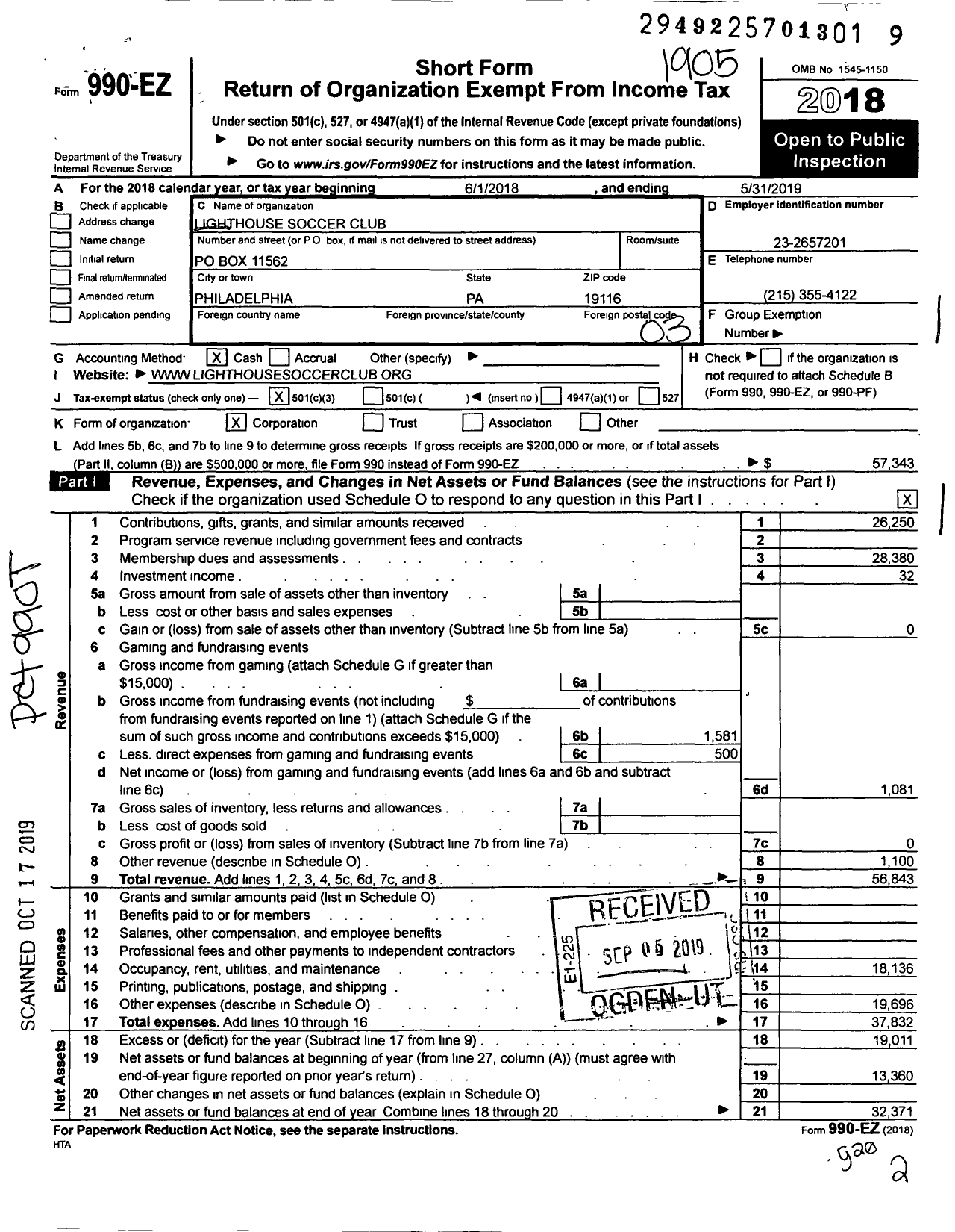 Image of first page of 2018 Form 990EZ for Lighthouse Soccer Club