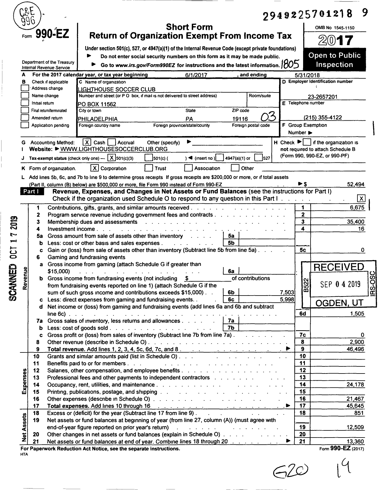 Image of first page of 2017 Form 990EZ for Lighthouse Soccer Club