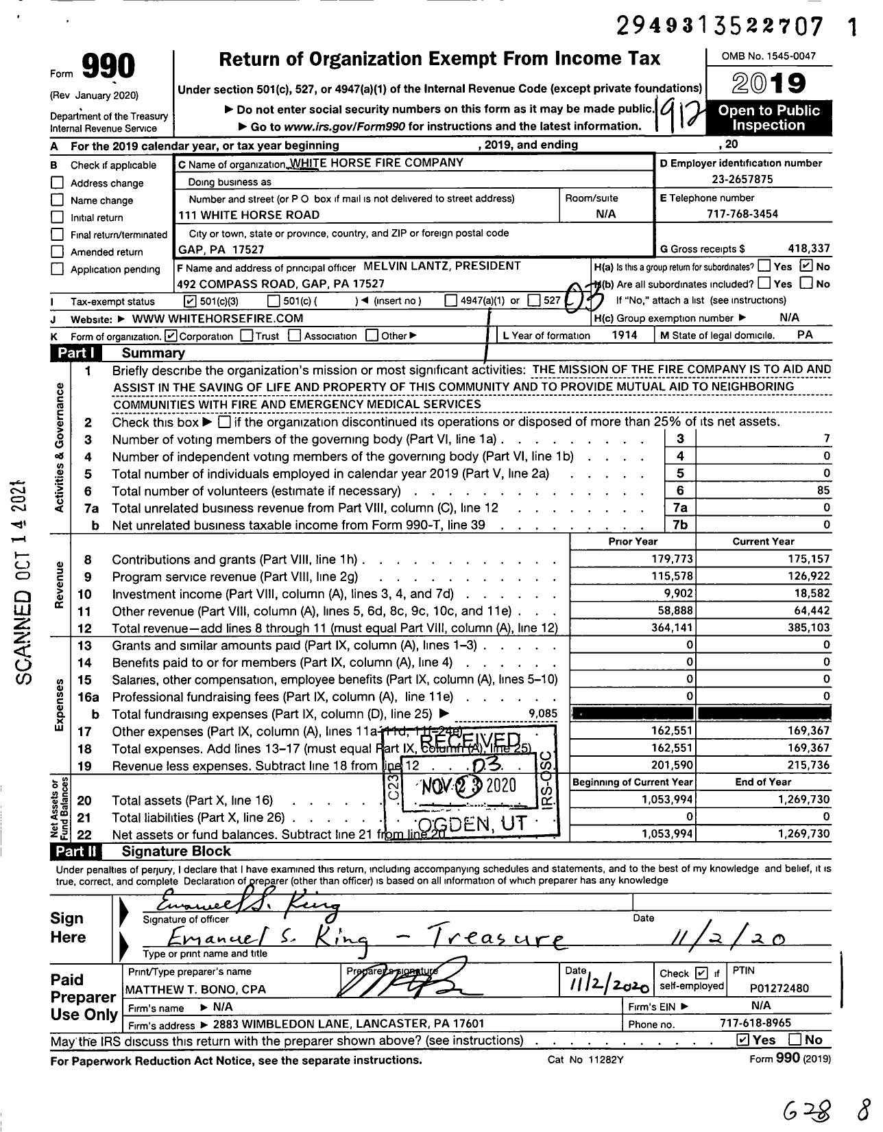 Image of first page of 2019 Form 990 for White Horse Fire Company