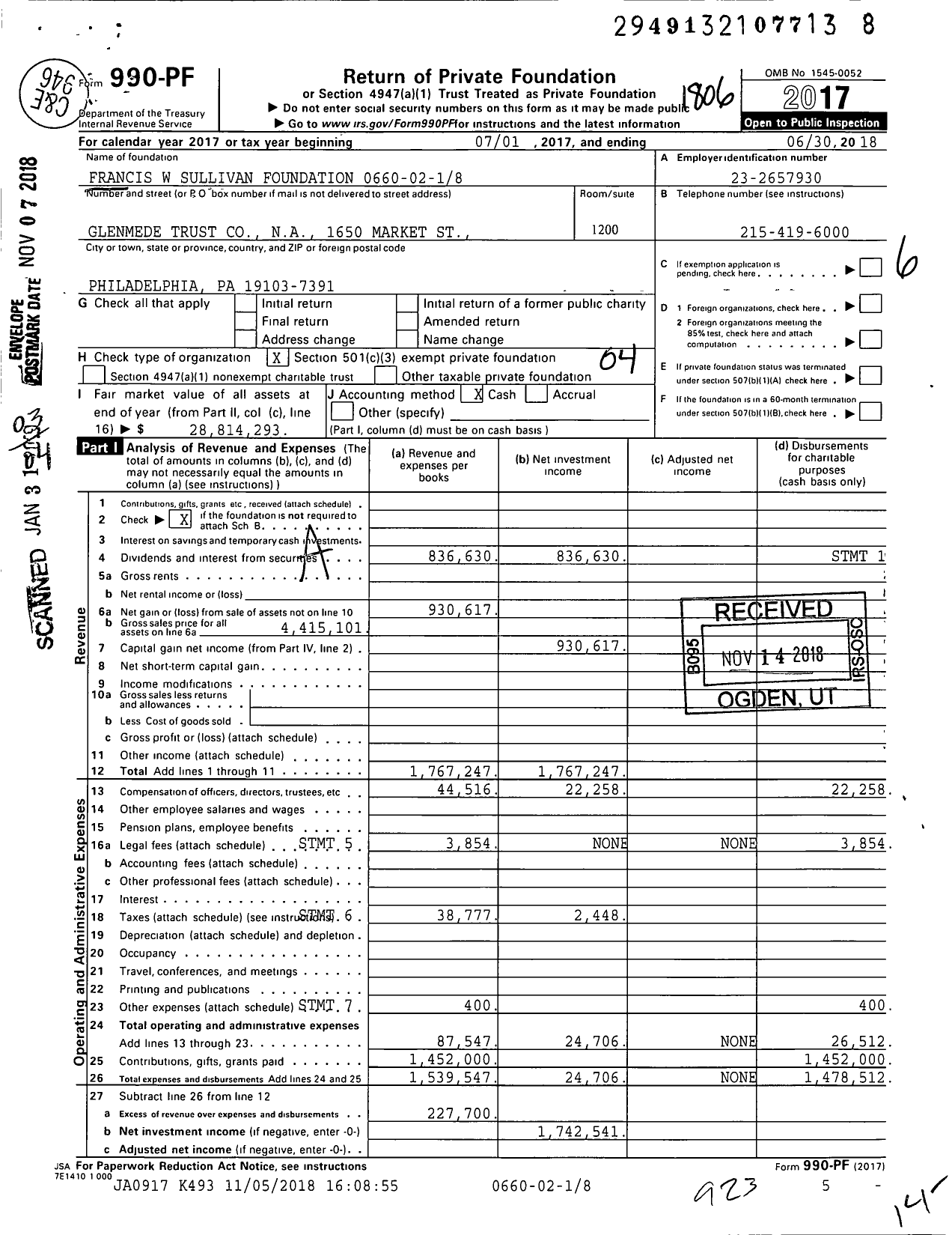Image of first page of 2017 Form 990PF for Francis W Sullivan Foundation 0660-02-18