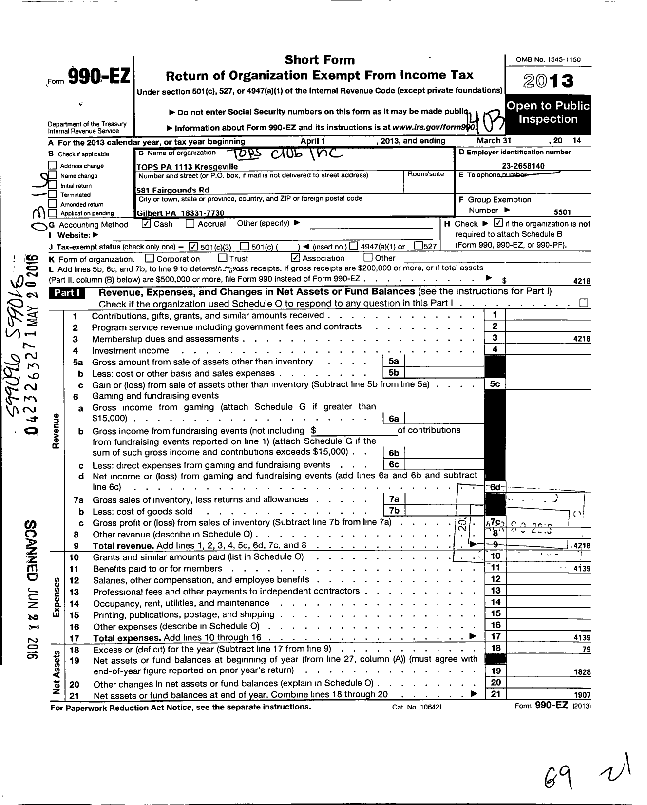 Image of first page of 2013 Form 990EZ for Tops Club - 1113 Tops Pa Kresgeville