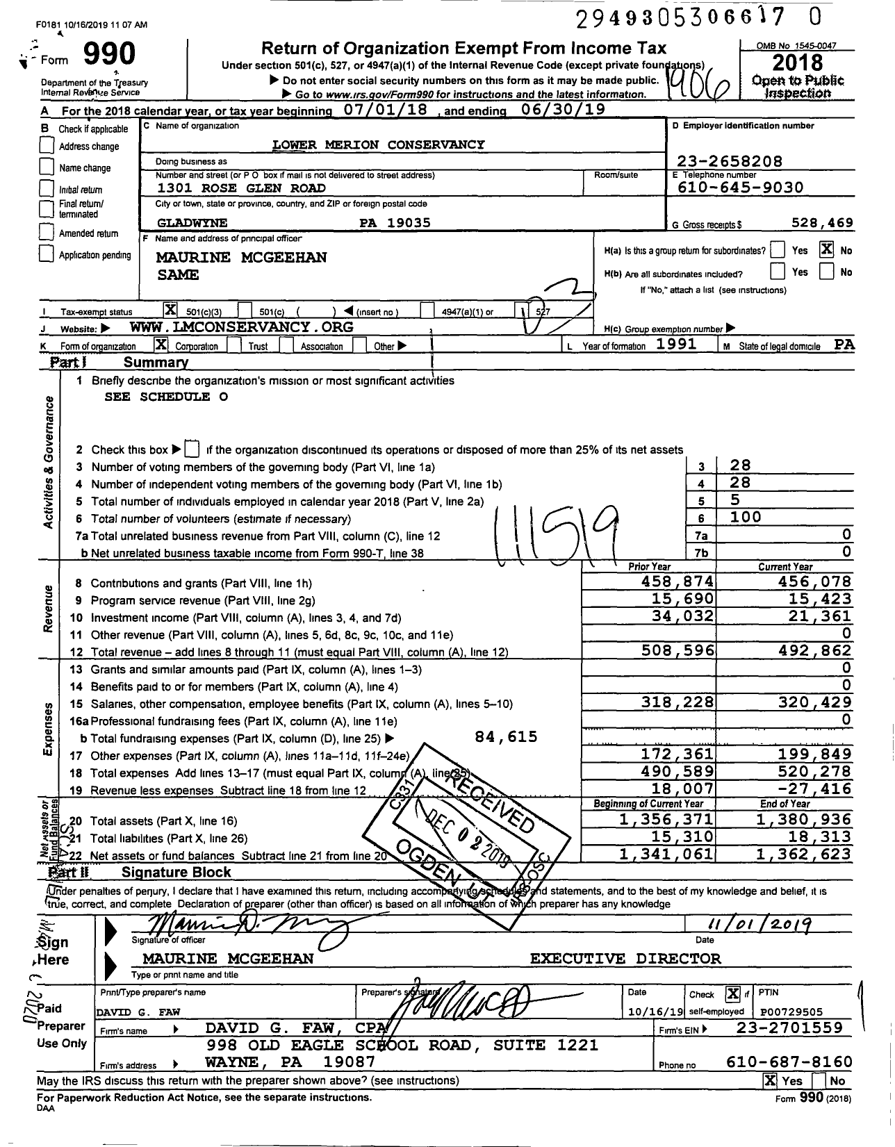 Image of first page of 2018 Form 990 for Lower Merion Conservancy