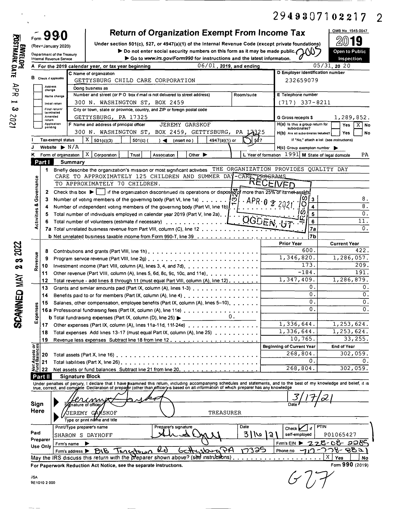 Image of first page of 2019 Form 990 for Gettysburg Child Care Corporation