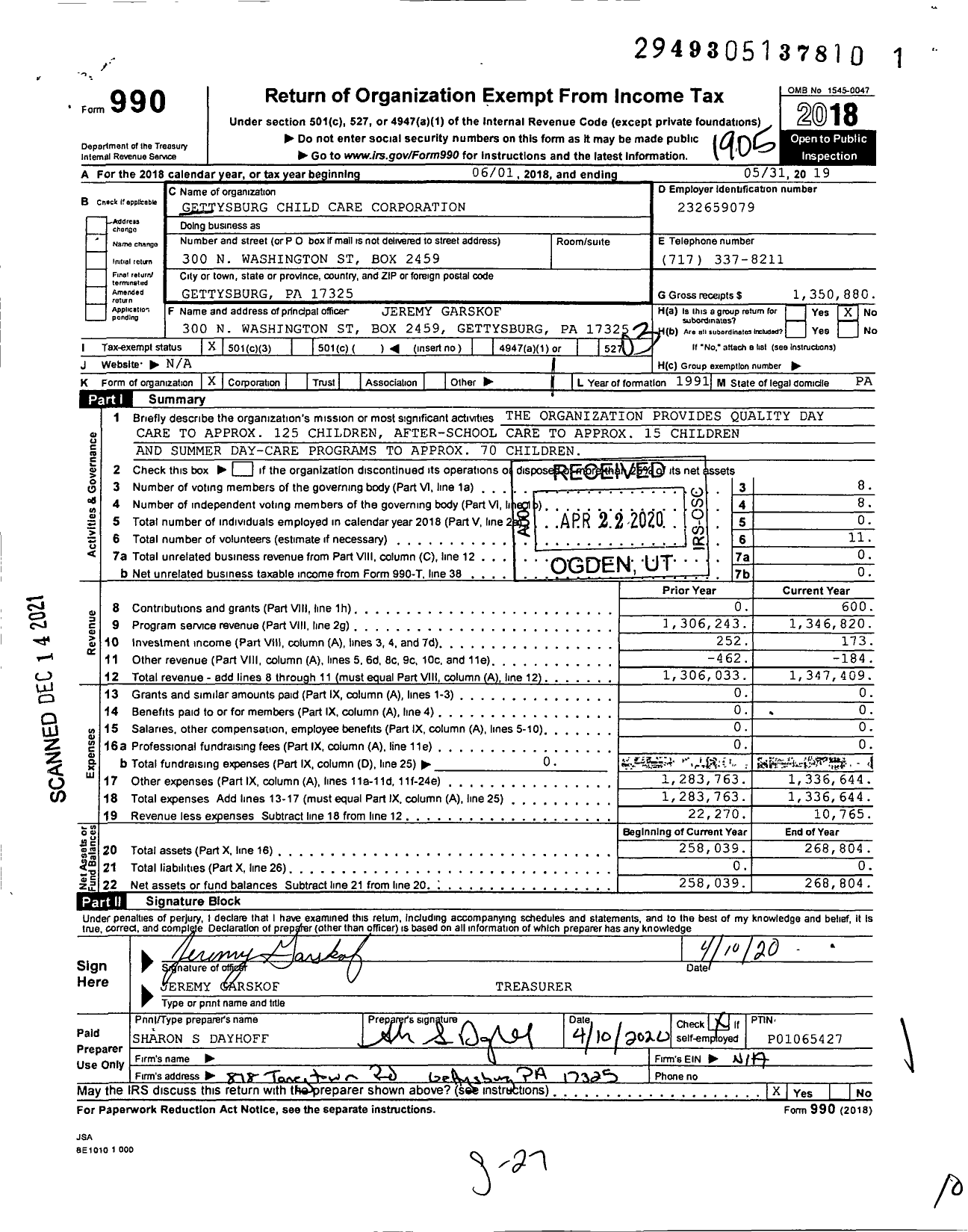 Image of first page of 2018 Form 990 for Gettysburg Child Care Corporation