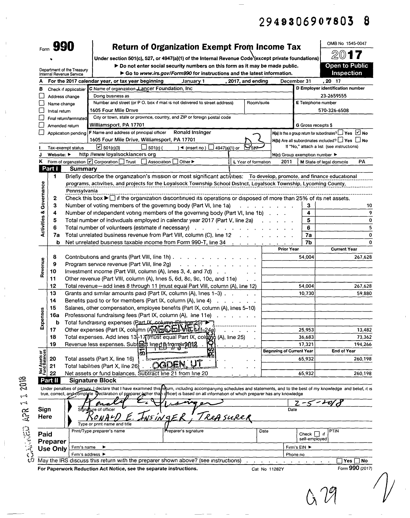 Image of first page of 2017 Form 990 for Lancer Foundation