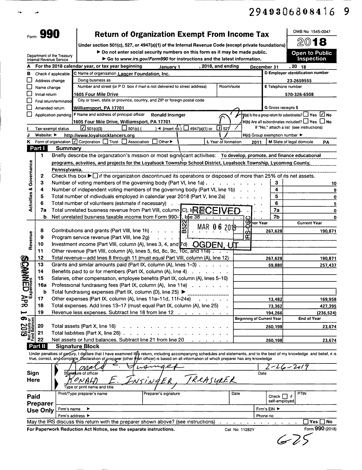 Image of first page of 2018 Form 990 for Lancer Foundation