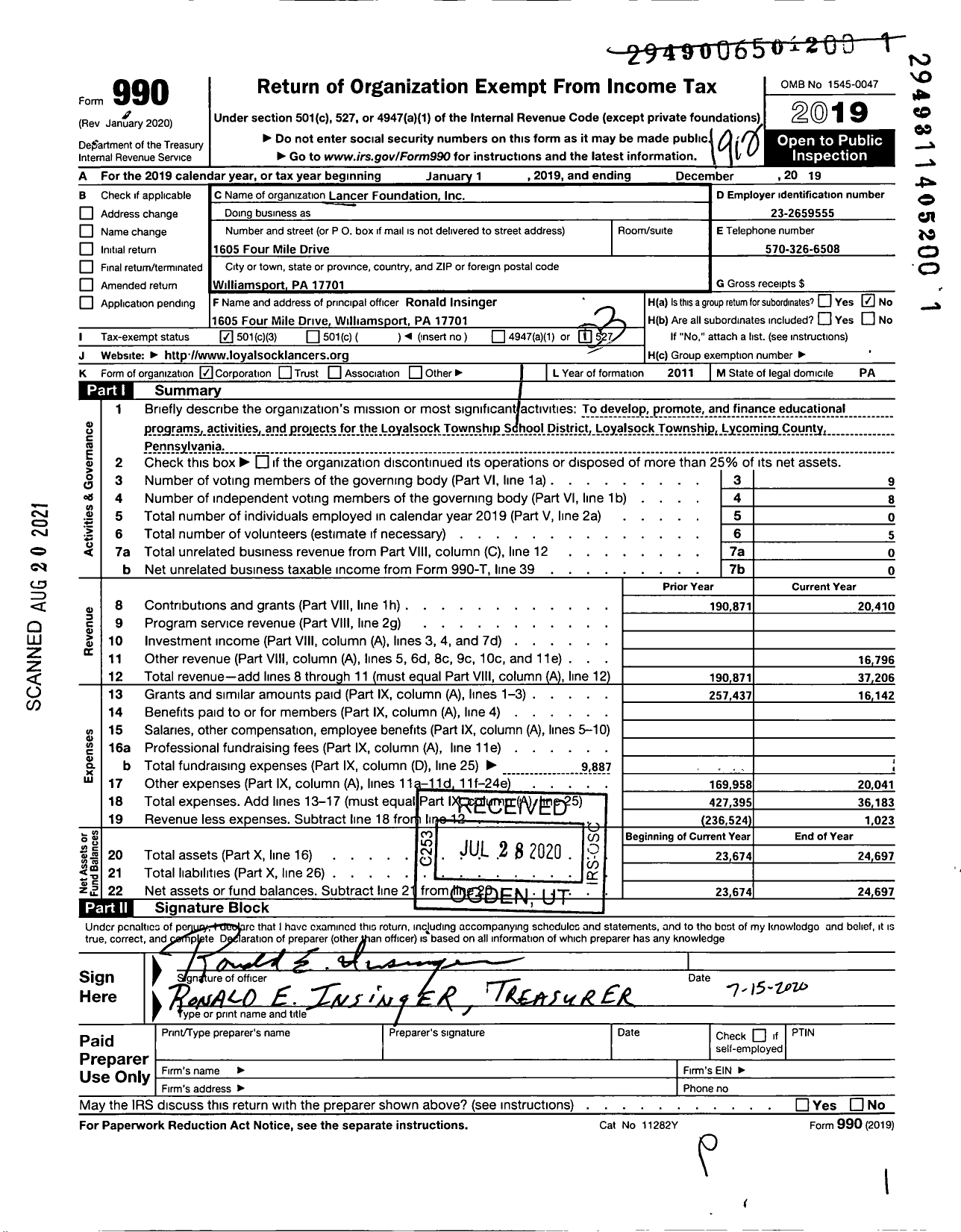 Image of first page of 2019 Form 990 for Lancer Foundation