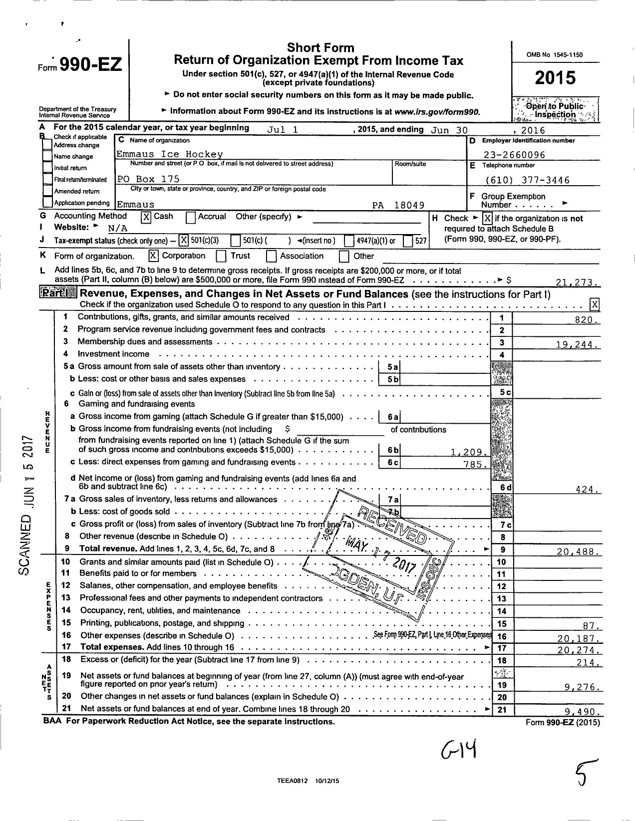 Image of first page of 2015 Form 990EZ for Emmaus Hornets Hockey Club