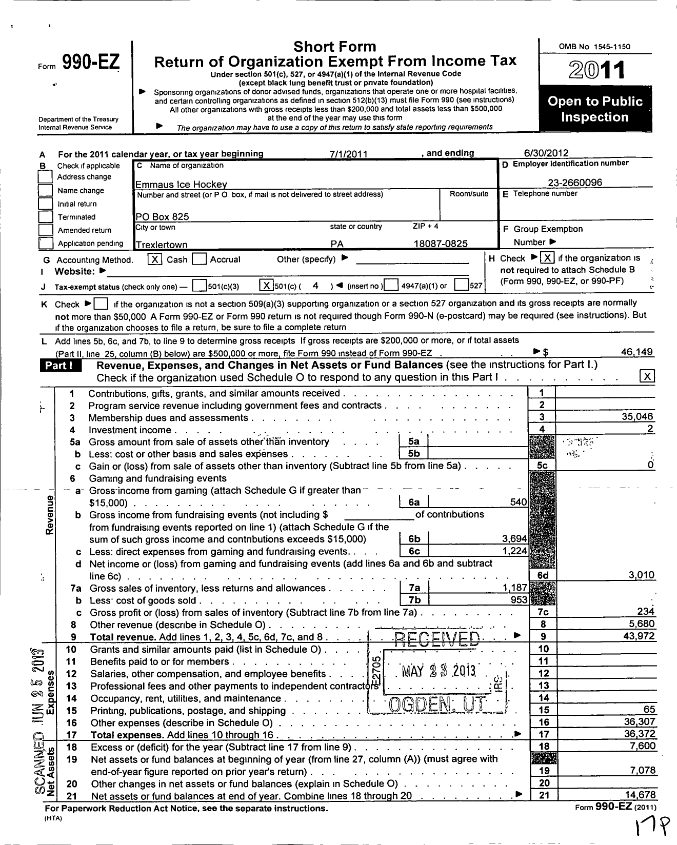 Image of first page of 2011 Form 990EO for Emmaus Hornets Hockey Club