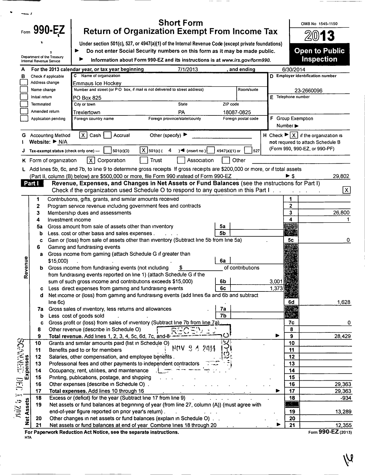 Image of first page of 2013 Form 990EO for Emmaus Hornets Hockey Club