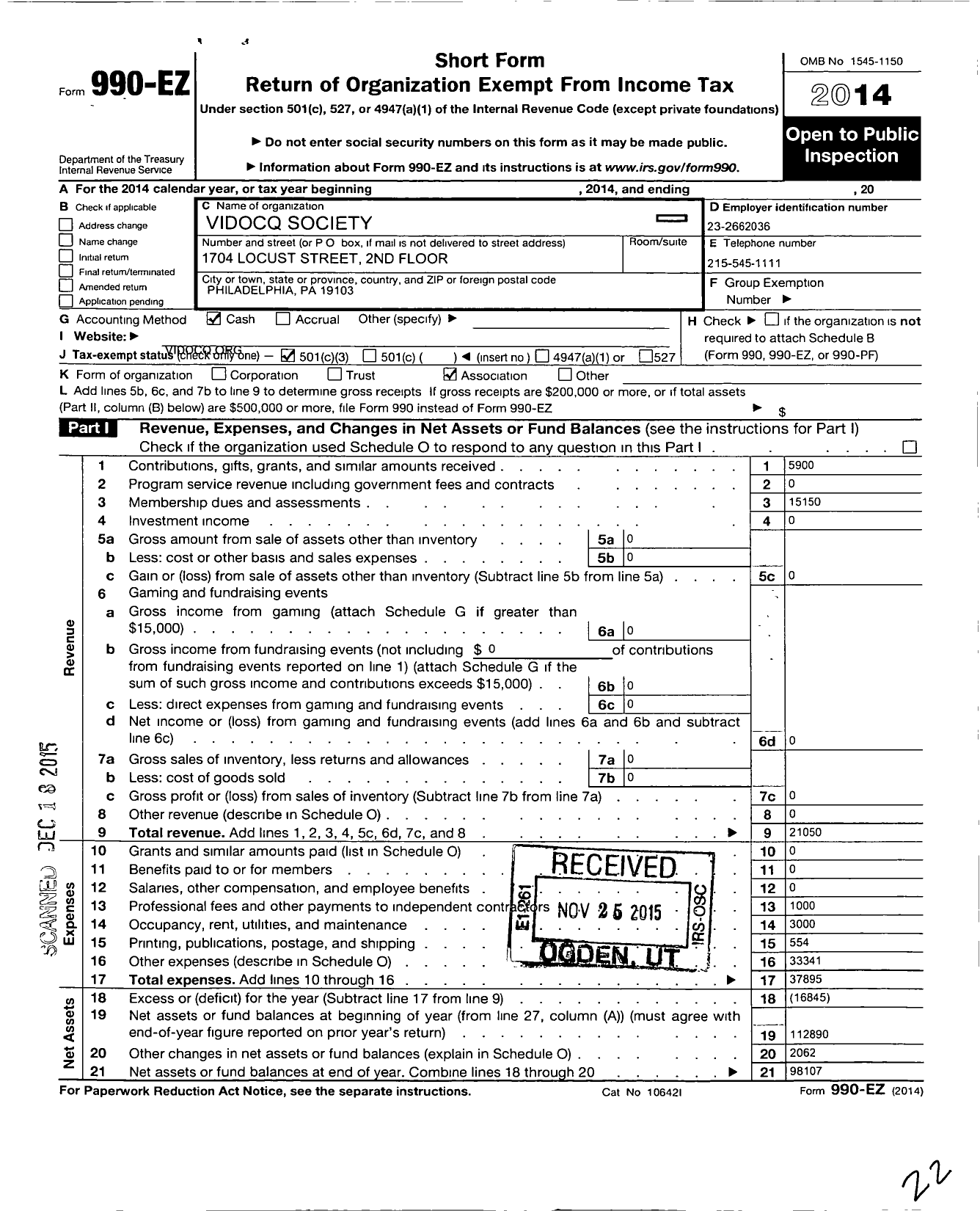 Image of first page of 2014 Form 990EZ for The Vidocq Society