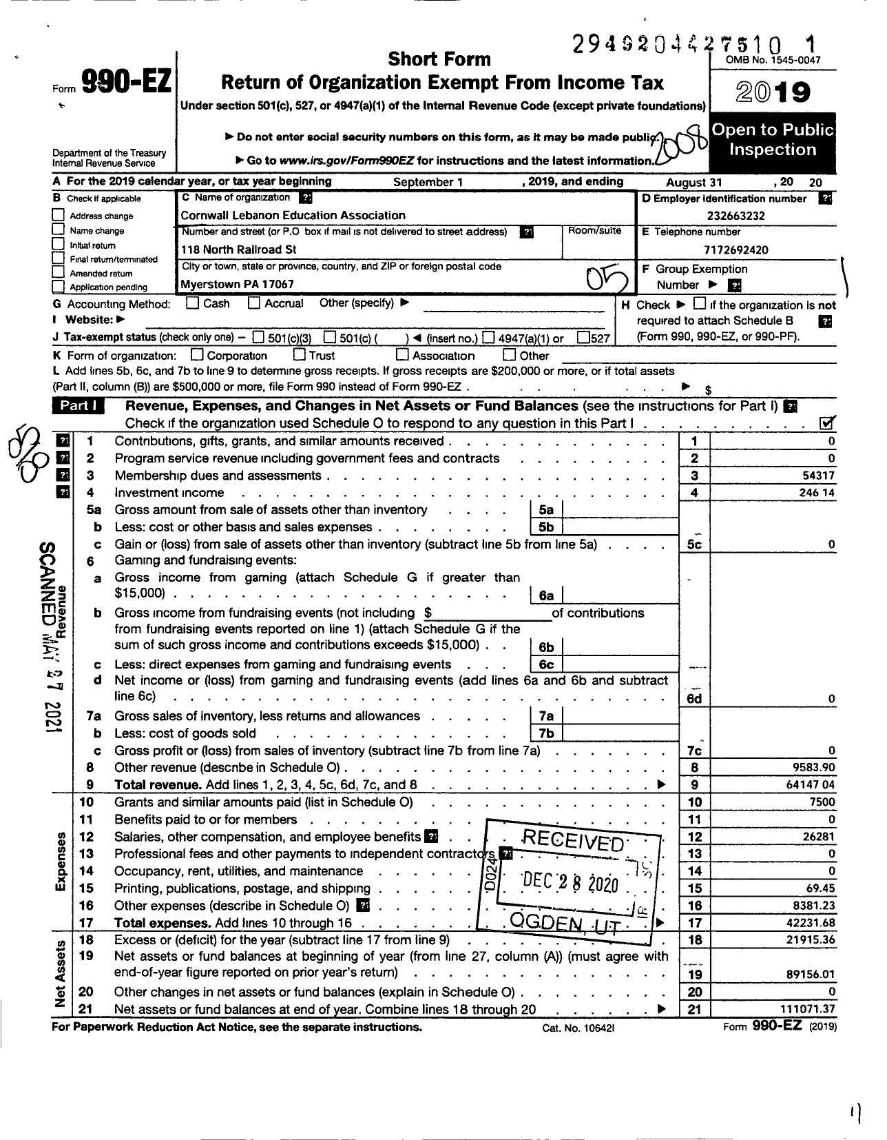 Image of first page of 2019 Form 990EO for Cornwall-Lebanon Education Association