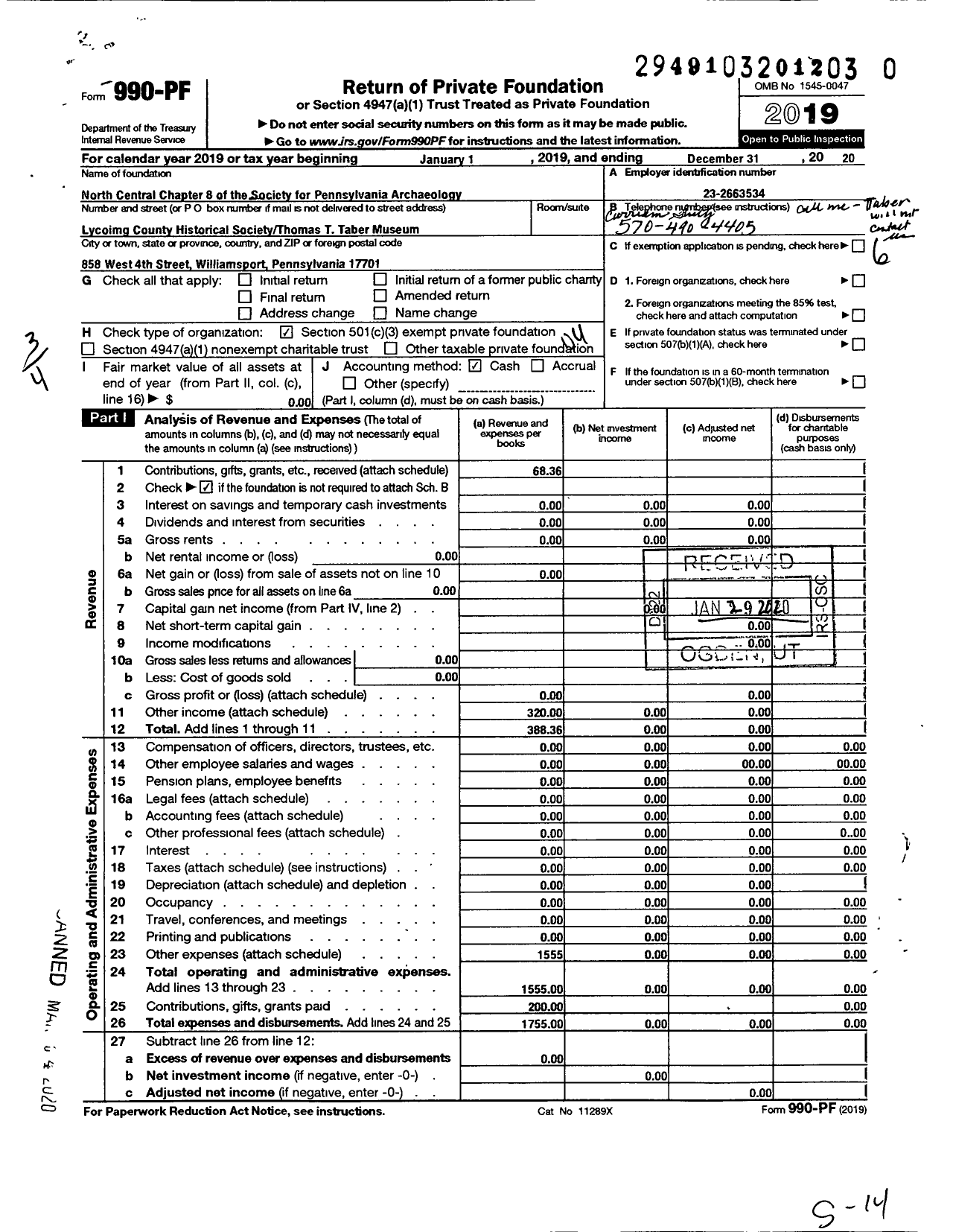 Image of first page of 2019 Form 990PR for North Central Chapter 8 of the Society for Pennsylvania Archaeology NCC