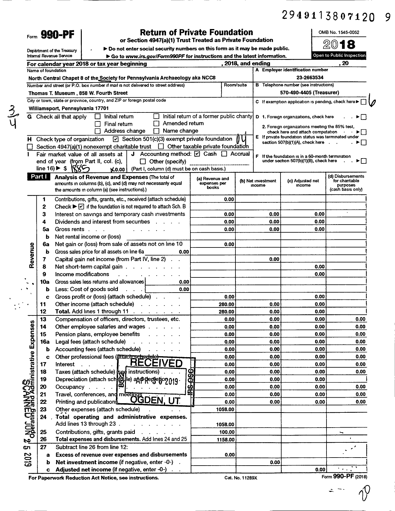 Image of first page of 2018 Form 990PF for North Central Chapter 8 of the Society for Pennsylvania Archaeology NCC