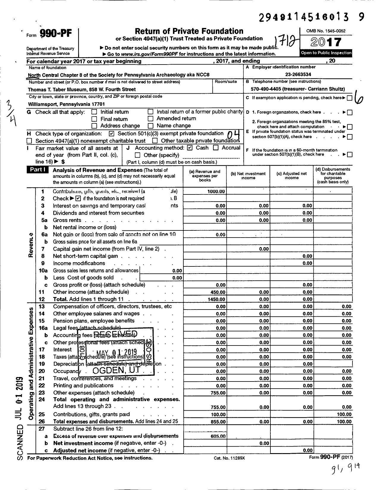 Image of first page of 2017 Form 990PF for North Central Chapter 8 of the Society for Pennsylvania Archaeology NCC