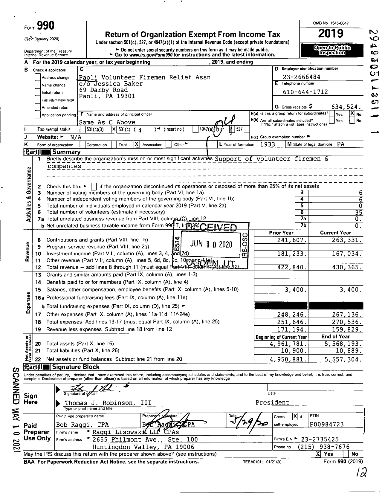 Image of first page of 2019 Form 990O for Paoli Volunteer Firemen Relief Association