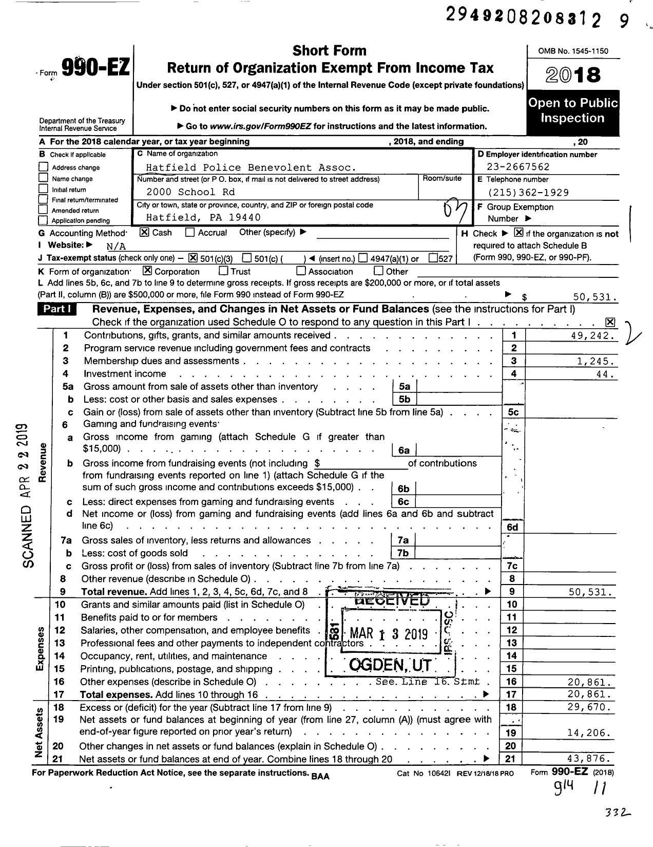 Image of first page of 2018 Form 990EZ for Hatfield Police Benevolent Association (HTPBA)