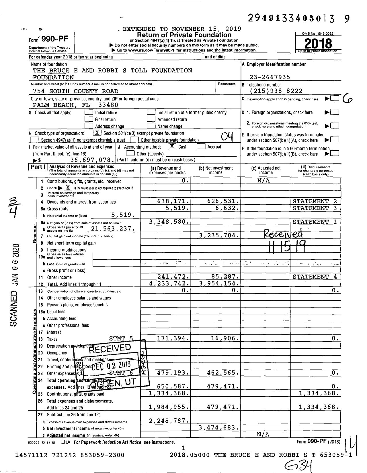 Image of first page of 2018 Form 990PF for The Bruce E and Robbi S Toll Foundation