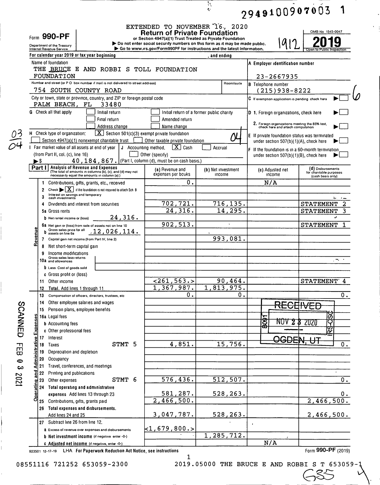 Image of first page of 2019 Form 990PF for The Bruce E and Robbi S Toll Foundation