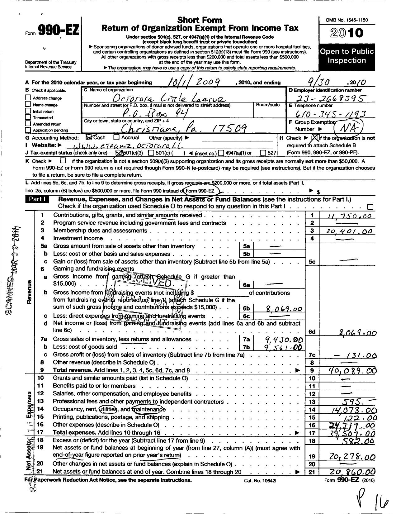 Image of first page of 2009 Form 990EZ for Little League Baseball - 2382330 Octorara Area LL