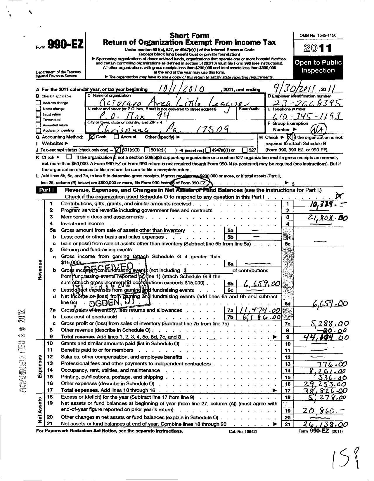Image of first page of 2010 Form 990EZ for Little League Baseball - 2382330 Octorara Area LL