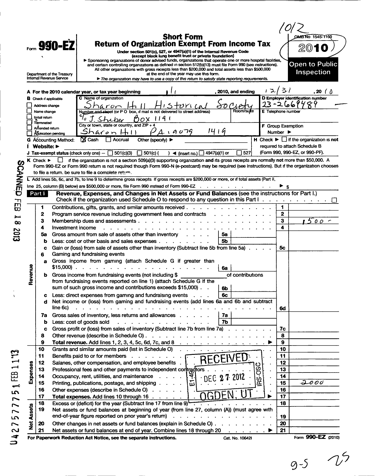 Image of first page of 2010 Form 990EO for Sharon Hill Historical Society