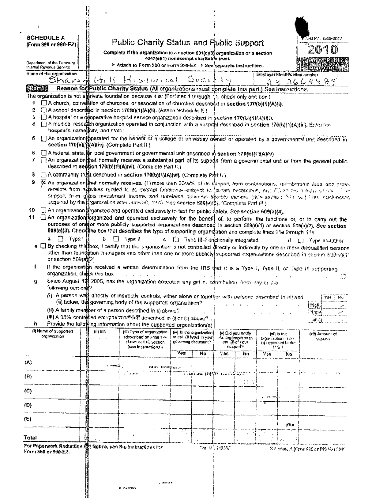 Image of first page of 2010 Form 990ER for Sharon Hill Historical Society