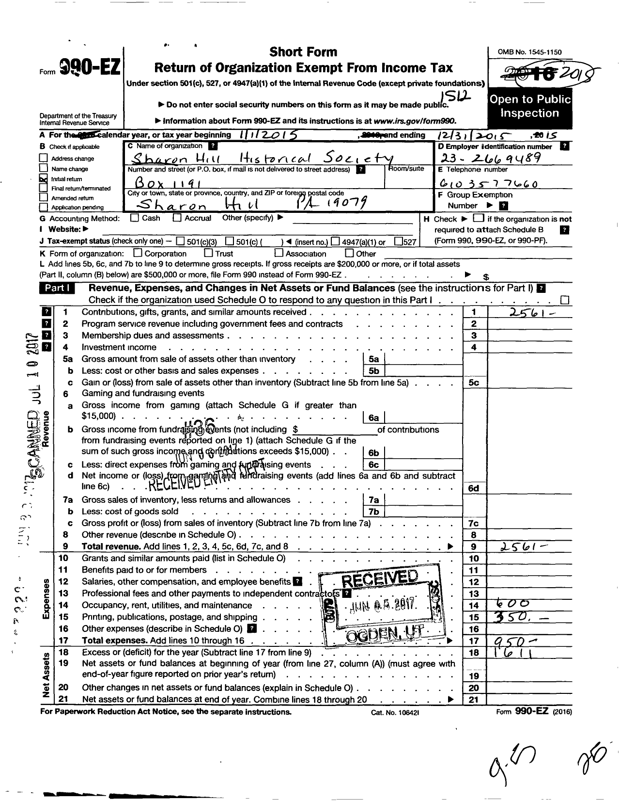 Image of first page of 2015 Form 990EO for Sharon Hill Historical Society