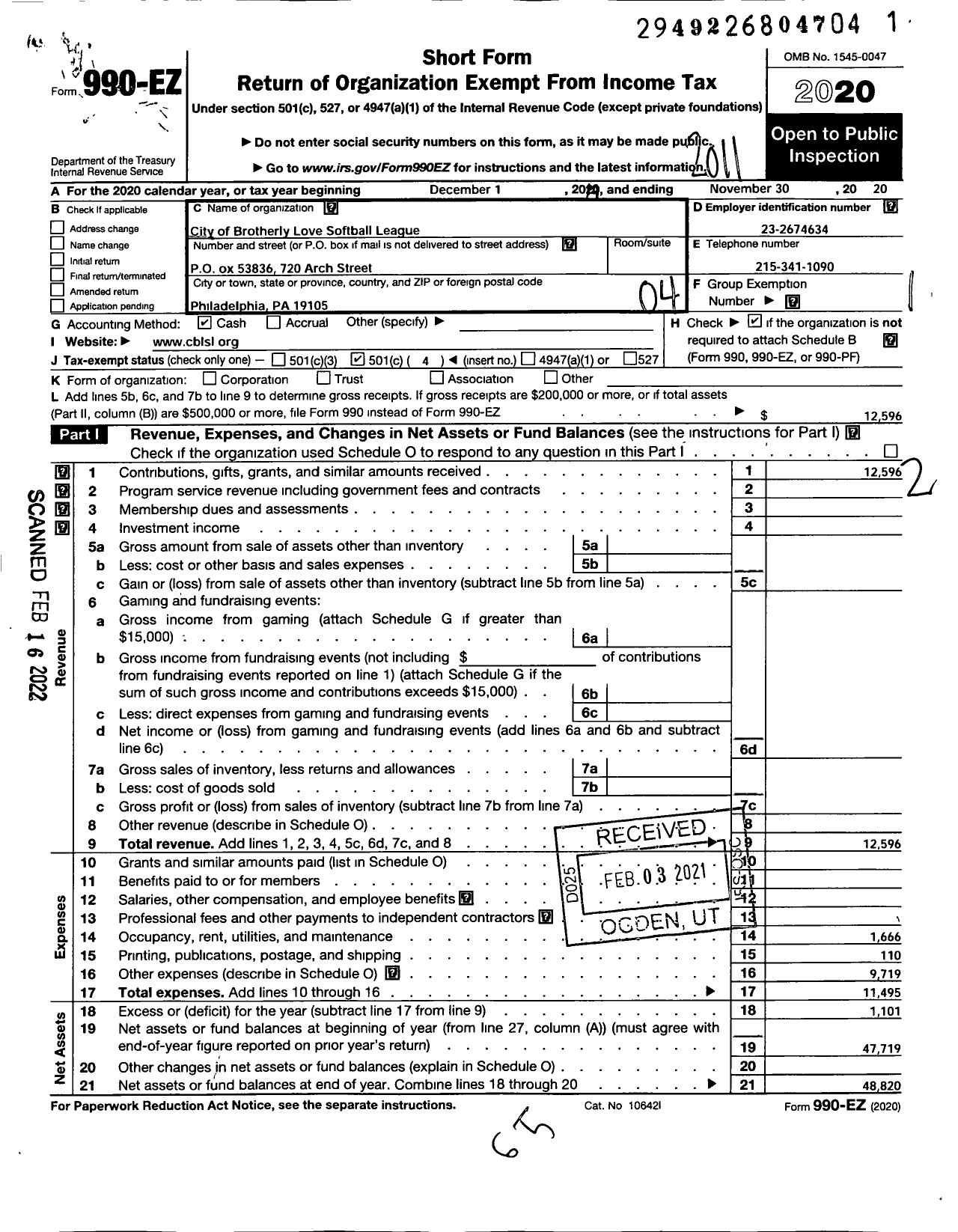 Image of first page of 2019 Form 990EO for City of Brotherly Love Softball League