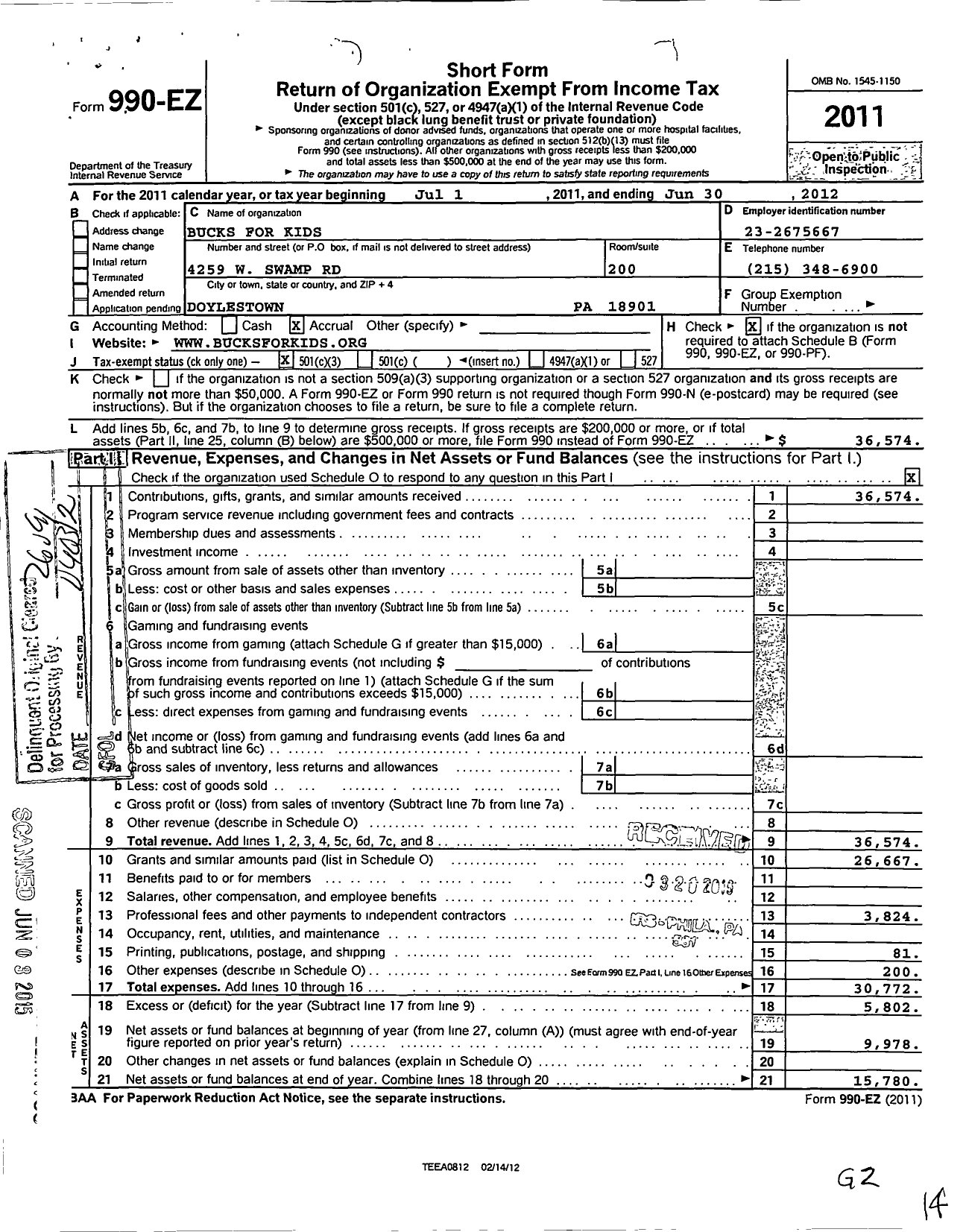 Image of first page of 2011 Form 990EZ for Bucks for Kids