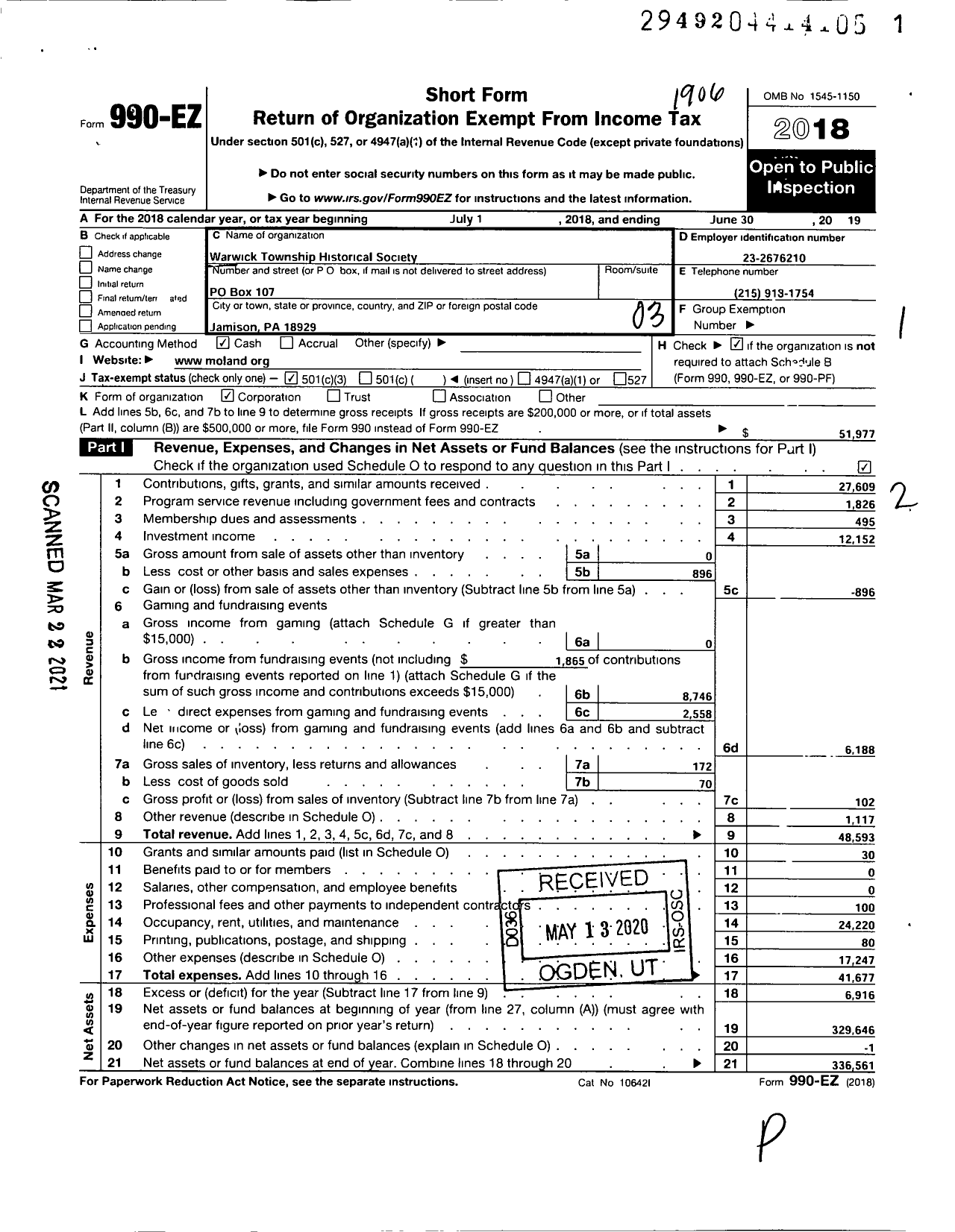 Image of first page of 2018 Form 990EZ for Warwick Township Historical Society