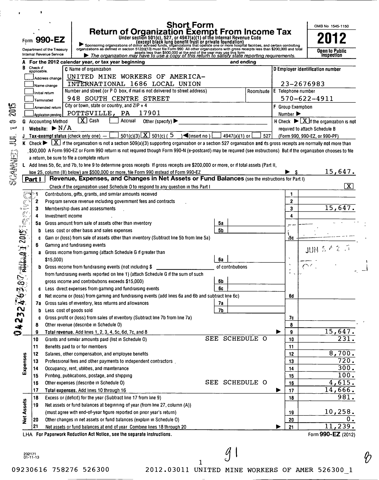 Image of first page of 2012 Form 990EO for United Mine Workers of America- International