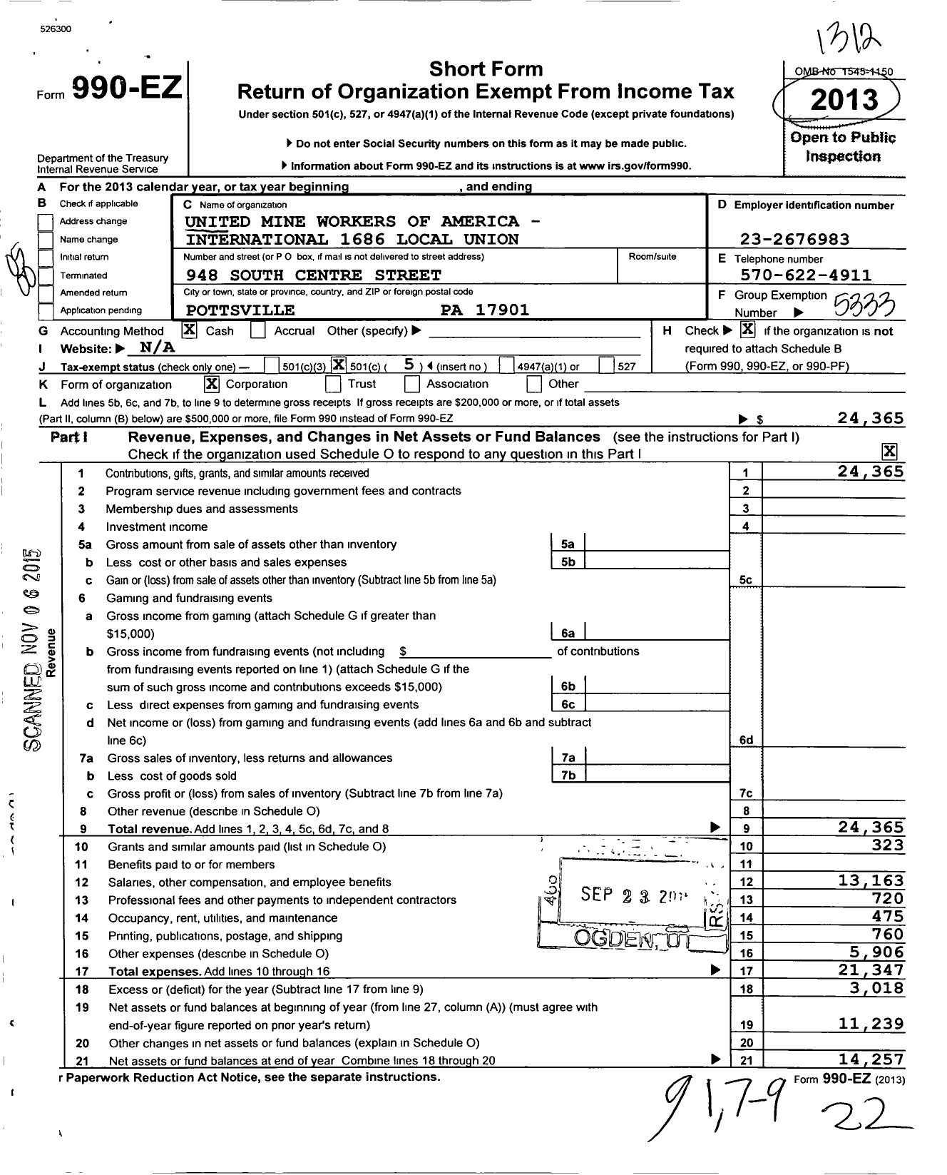 Image of first page of 2013 Form 990EO for United Mine Workers of America- International