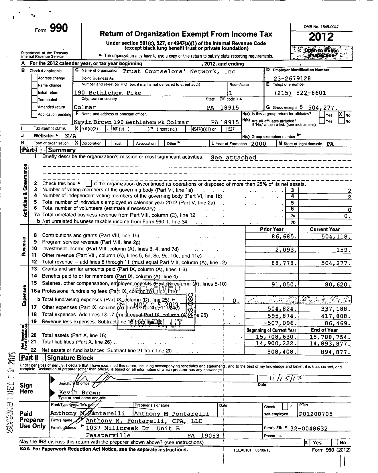 Image of first page of 2012 Form 990 for Trust Counselors Network