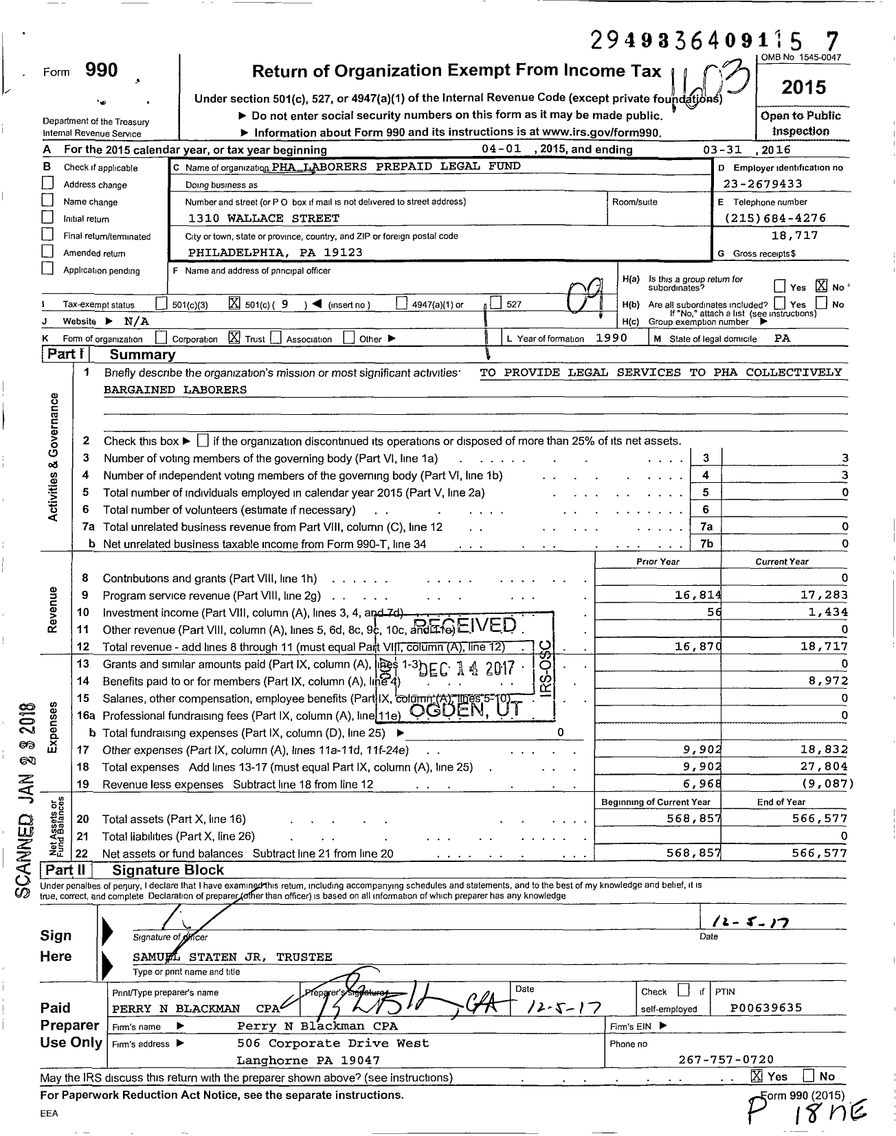 Image of first page of 2015 Form 990O for Pha Laborers Prepaid Legal Fund