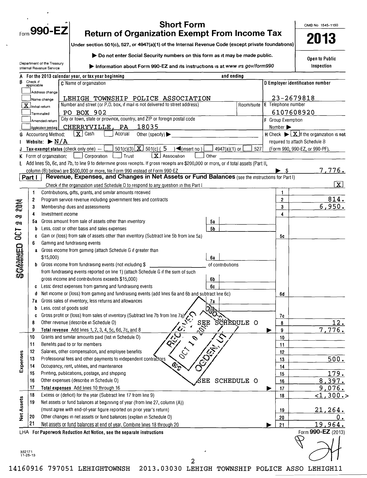 Image of first page of 2013 Form 990EO for Lehigh Township Police Association