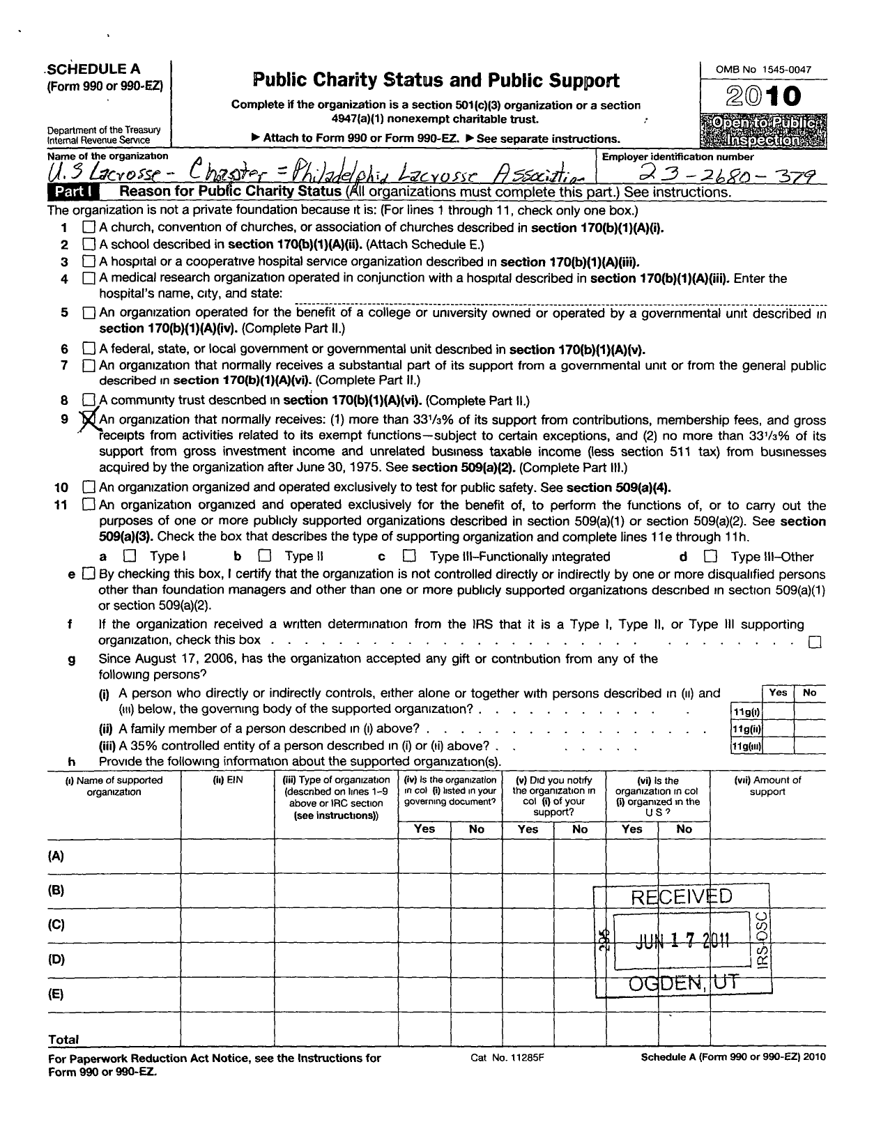 Image of first page of 2010 Form 990ER for Us Lacrosse / The Philadelphia Lacrosse Assoc